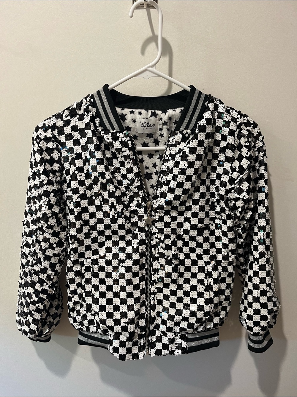 Lola + The Boys Black & White Sequin Checkerboard Bomber